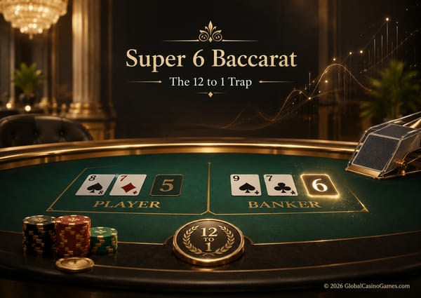 Luxury baccarat table image showing Super 6 Baccarat, Banker six, casino chips and a 12 to 1 side-bet marker representing the mathematical risk of the payout.