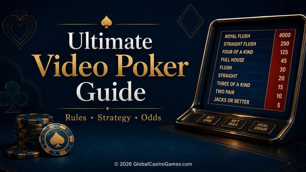 Ultimate Video Poker guide graphic with a 9/6 Jacks or Better five-credit paytable, casino machine and chips.