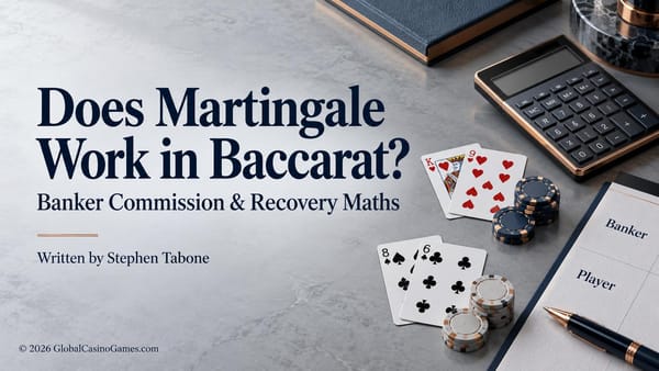 Baccarat Martingale article cover with cards, chips and a calculator.