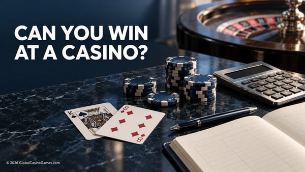 Roulette wheel, playing cards, chips and calculator on a navy desk.